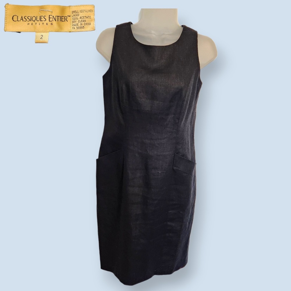 Vintage Classiques Entier Petites Black 100% Linen Sheath Dress Nordstrom Sz 2P